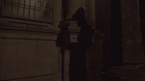 Pilgrim projected shadow on Santiago de Compostela Cathedral wall at night Video stock 128552182
