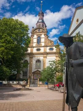 Pilgrim statue and Protestant Trinity Church in Speyer, Germany Stock Photos