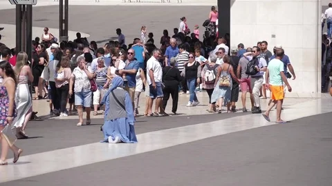 Pilgrims Fatima sanctuary basilica our lady of the rosary portugal slow motion Stock Footage