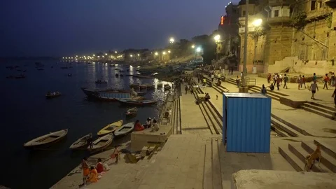 Pilgrims on the ghat at Varanasi Stock Footage 115938685