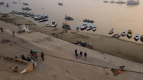 Pilgrims on the ghat at Varanasi Stock Footage 116547878