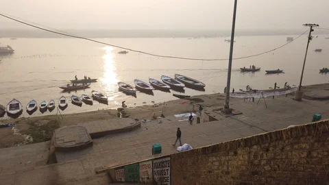 Pilgrims on the ghat at Varanasi Stock Footage 116548149