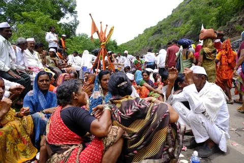 Pilgrims or warkari procession during Pandarpur Wari Stock Photos
