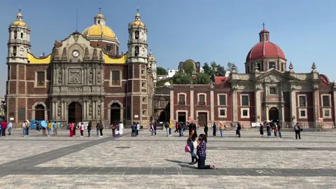Pilgrims stand in front of Basilica of Our Lady of Guadalupe in Mexico City, 4K Stock Footage 144713099