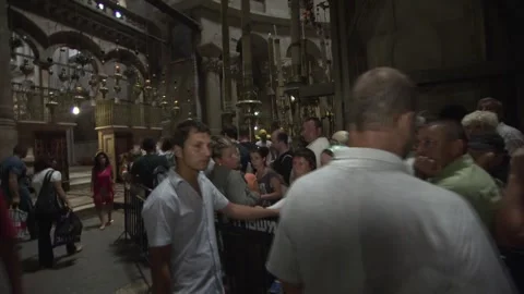 Pilgrims, Transfiguration Feast Day, Holy Sepulchre Aedicule, Jerusalem, Israel Stock Footage 322557548