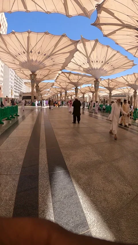 Pilgrims Under Giant Umbrellas at the Prophet Mosque Stock Footage 332662310