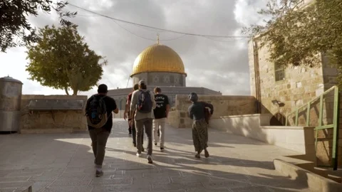 Pilgrims Walking to the Dome of the Rock Stock Footage 82595119