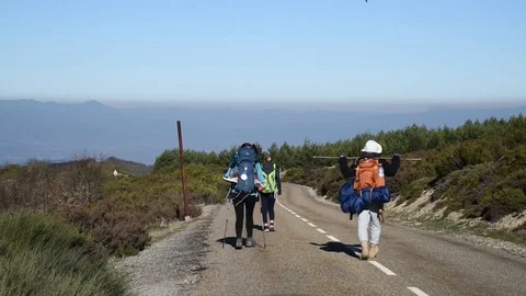Pilgrims on the Way of St. James Stock Footage 80388107