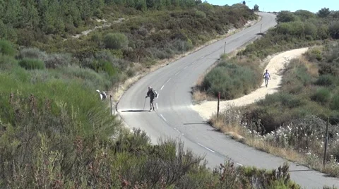 Pilgrims who go on a path toward Camino de Santiago crossing a paved road Stock Footage 62483776