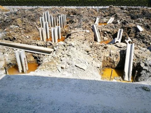Piling at the construction site. Stock Photos