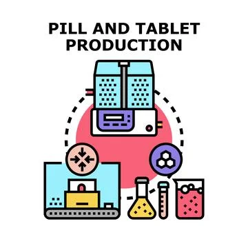 Pill and tablet production process illustration in pharmacy Stock Illustration