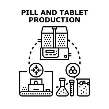 Pill and tablet production process illustration in pharmacy 스톡 일러스트