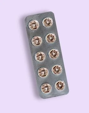 Pill blister with chocolate donuts instead of pills on  pink background. Su.. Stock Photos
