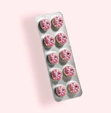 Pill blister with pink donuts instead of pills on  pink background. Sugar a.. Stock Photos