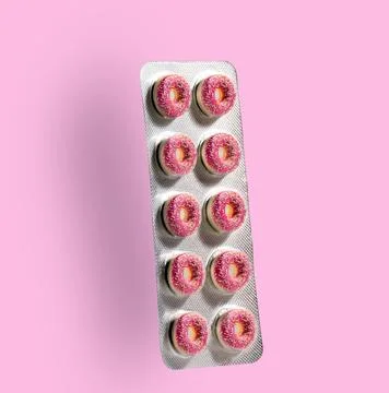 Pill blister with pink donuts instead of pills on  pink background. Sugar a.. Stock Photos