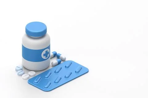 Pill bottle and tablet isolated on white background, isometric view, 3d ren.. Stock Illustration