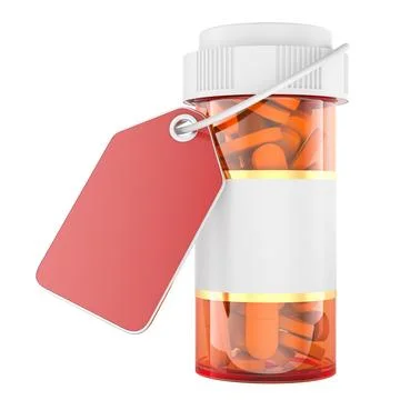 Pill bottle with blank label and red tag. 3D rendering Stock Illustration