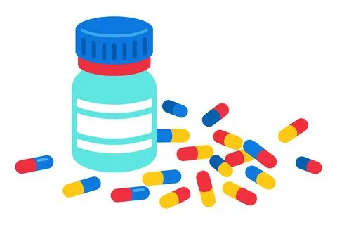 Pill bottle with capsules scattered on a white background during a bright s.. Stock Illustration