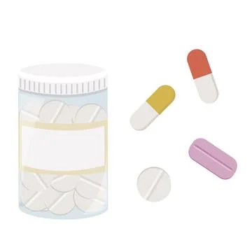 Pill bottle with different pills and capsules. Medical illustration. Stock Illustration