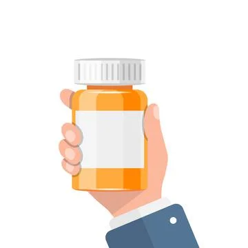 Pill bottle in hand illustration in flat style. Medical capsules vector illus Illustrazione stock