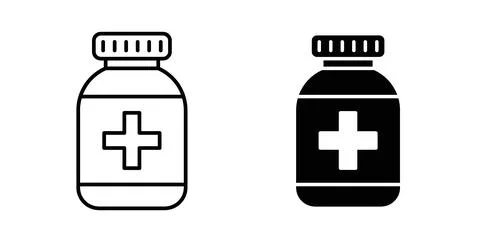 Pill bottle icon collection in black, Line icons, flat symbols Stock Illustration
