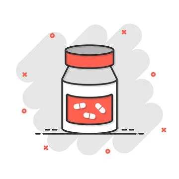 Pill bottle icon in comic style. Drugs cartoon vector illustration on white i Stock Illustration