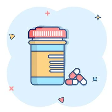 Pill bottle icon in comic style. Medical capsules cartoon vector illustration Stock Illustration