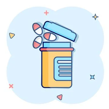 Pill bottle icon in comic style. Medical capsules cartoon vector illustration Stock Illustration