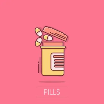 Pill bottle icon in comic style. Medical capsules cartoon vector illustrati.. Stock Illustration