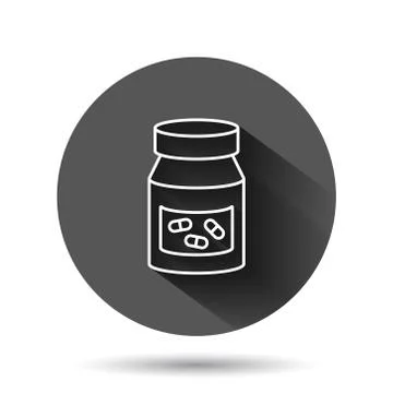 Pill bottle icon in flat style. Drugs vector illustration on black round back Stock Illustration
