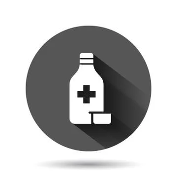 Pill bottle icon in flat style. Drugs vector illustration on black round back Stock Illustration