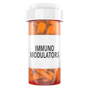 Pill bottle with immuno modulators tablets. 3D rendering Stock-Illustration