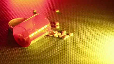 Pill Bottle Spilled White Tablets with Changing Neon Lighting Stock Footage 338136558