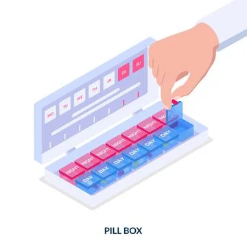 Pill box concept. Smart container for pills storage and human hand holding ca Stock Illustration
