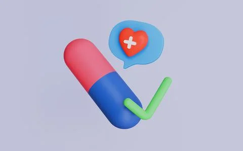 Pill capsule with check mark, Red heart, Medical prescription, Pharmacy Stock Illustration