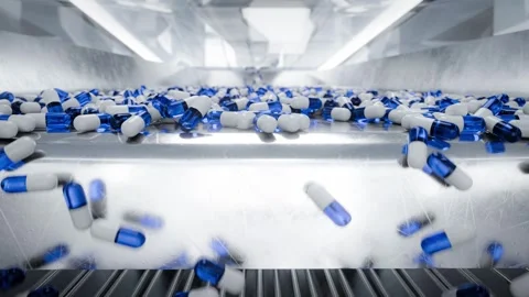 Pill capsules being aligned by a vibrating feeder machine system. Capsules .. Stock Footage 309614719