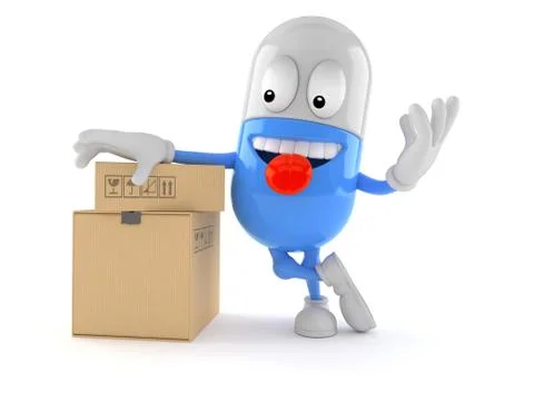 Pill character with stack of boxes Stockillustratie