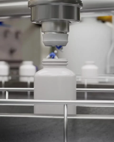 Pill falling into plastic bottle on automated conveyor belt Vídeo Stock 330042052