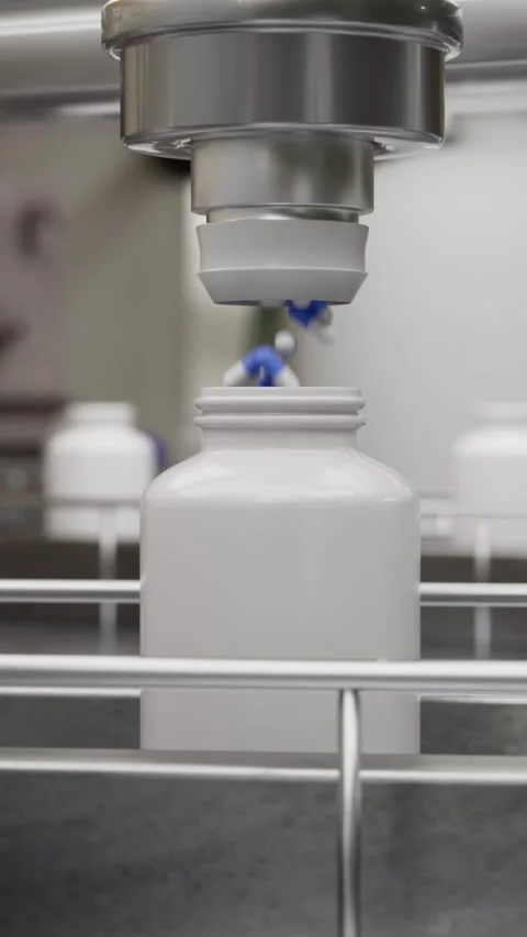 Pill falling into plastic bottle on automated conveyor belt Vídeos de archivo 330042053