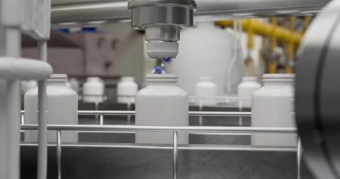 Pill falling into plastic bottle on automated conveyor belt Vidéo 330042058