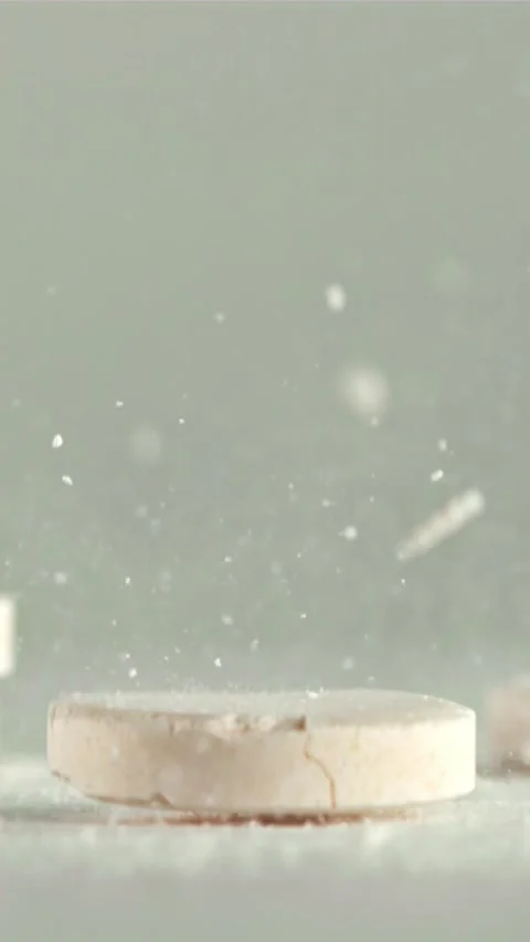 The pill falls on the table and splits into pieces. Filmed on a high-speed Video stock 335293121