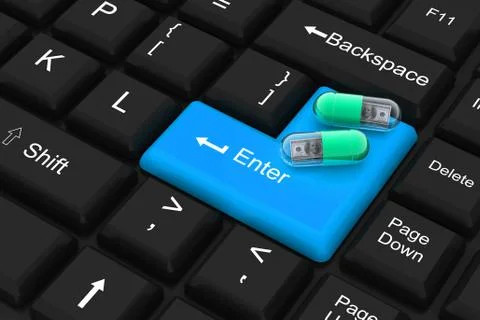 Pill filled with dollar on keyboard Stock Illustration