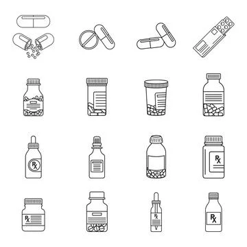Pill icon set collection in flat style. Drug vector illustration on isolate.. Stock Illustration