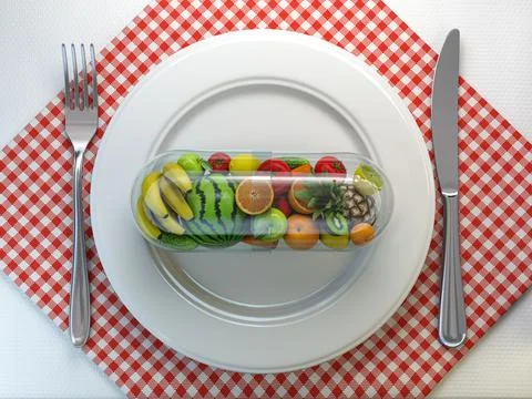 Pill or capsule with fruit and vegetable in a plate. Nutritional supplement a イラスト素材