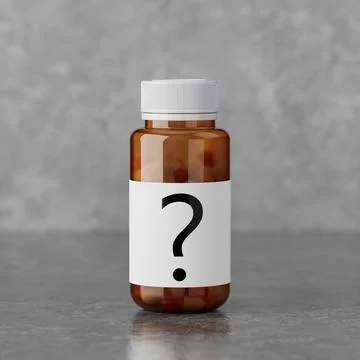 Pill or Vitamins Bottle with a Question Mark on the Label. 3d Rendering Illustrazione stock