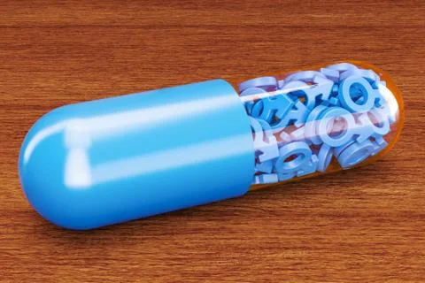 Pill for potency, man power concept on the wooden table. 3D rendering Illustrazione stock