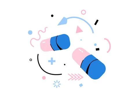 Pill supplement concept vector illustration. Two capsules blue pink in a dy.. Stock Illustration