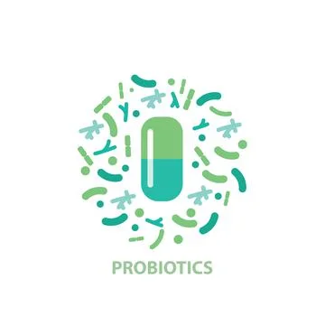 Pill surrounded by probiotic bacteria. Stock Illustration