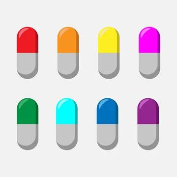 Pill vector icon. Set of drugs in eight colors Stock Illustration