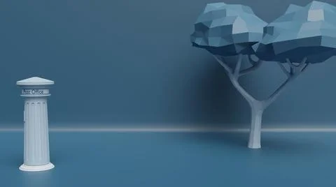 Pillar box and tree on a blue background - monochrome 3D rendering Stock Illustration